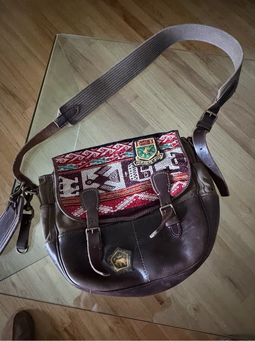 Ralph Lauren Leather Crossbody Saddle Bag with Woven Red Accent